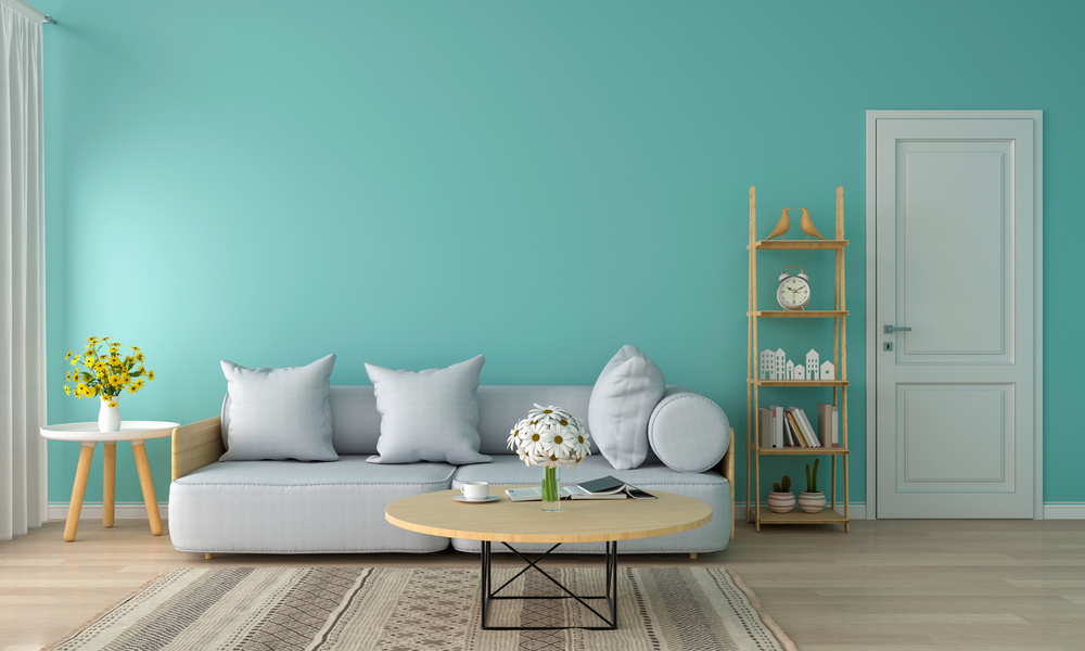 Gray sofa in living room, 3D rendering